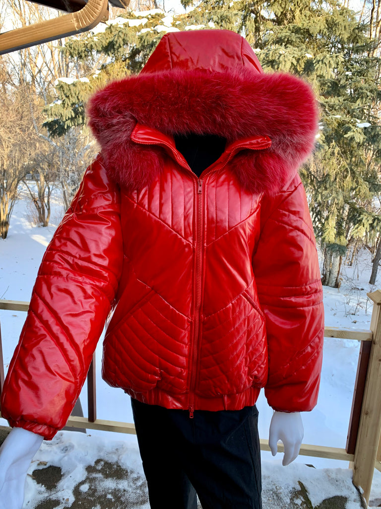 Red down jacket on sale with fur hood